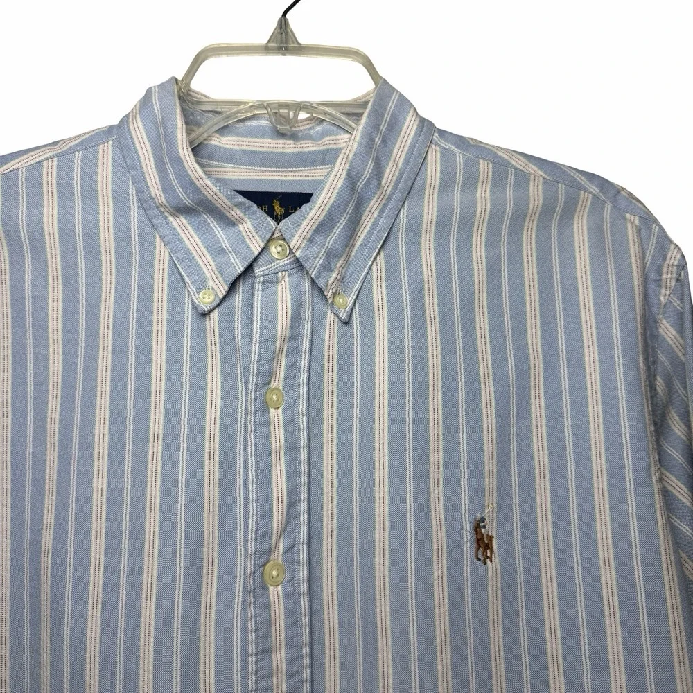 Polo Ralph Lauren Mens XL Slim Fit Oxford Shirt Blue Stripe Flesh Pony Preppy